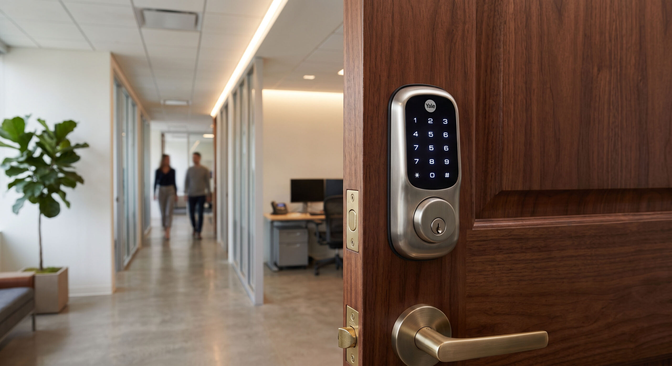 Man entering code in keypad to unlock security door
