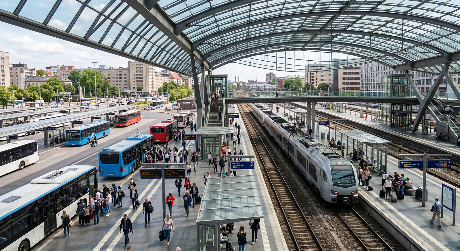 Mass transit train and bus at a station